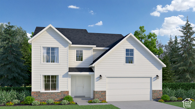 Two-story white siding residence with a dark roof, brick accents, attached garage, and a covered entry