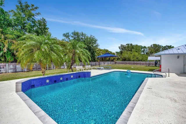 a view of swimming pool with lawn chairs and plants