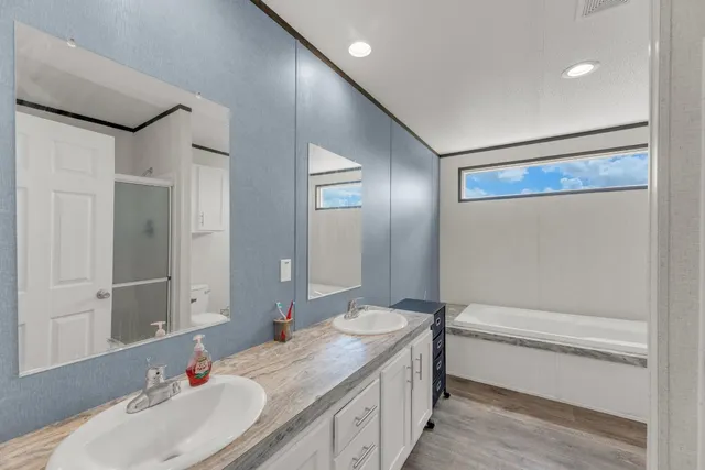 a bathroom with a tub sink and mirror