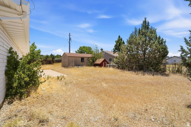 132 Rex Layne Drive Central, UT 84722 - Photo 27 of 39 Expansive rear yard featuring a large storage shed, a smaller red storage shed, mature trees, and a concrete pad