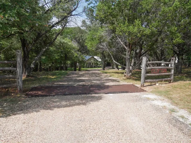 a view of a park with large trees