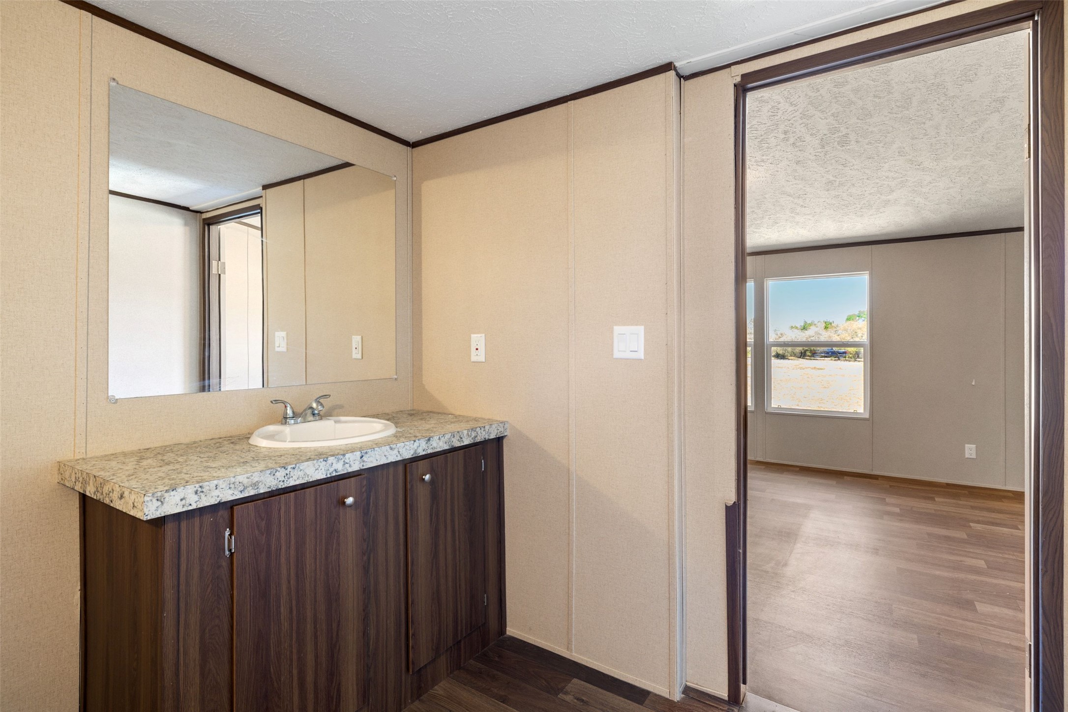 815 Elliott Ranch Road Buda, TX 78610 - Photo 37 of 40 Bathroom in mobile home with dark wood-type flooring, a textured ceiling, vanity, and crown molding
