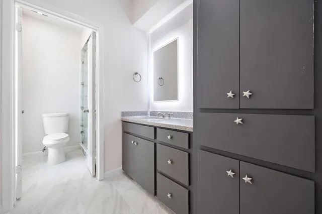 a bathroom with a sink a toilet and shower