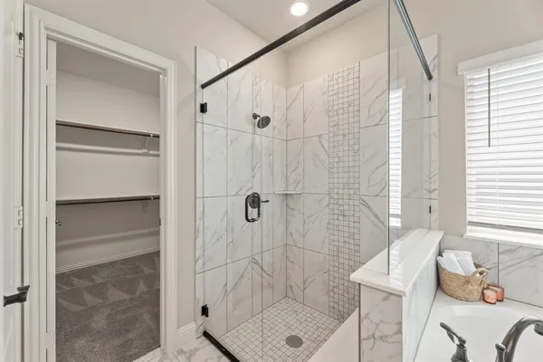 a bathroom with a bathtub and a shower