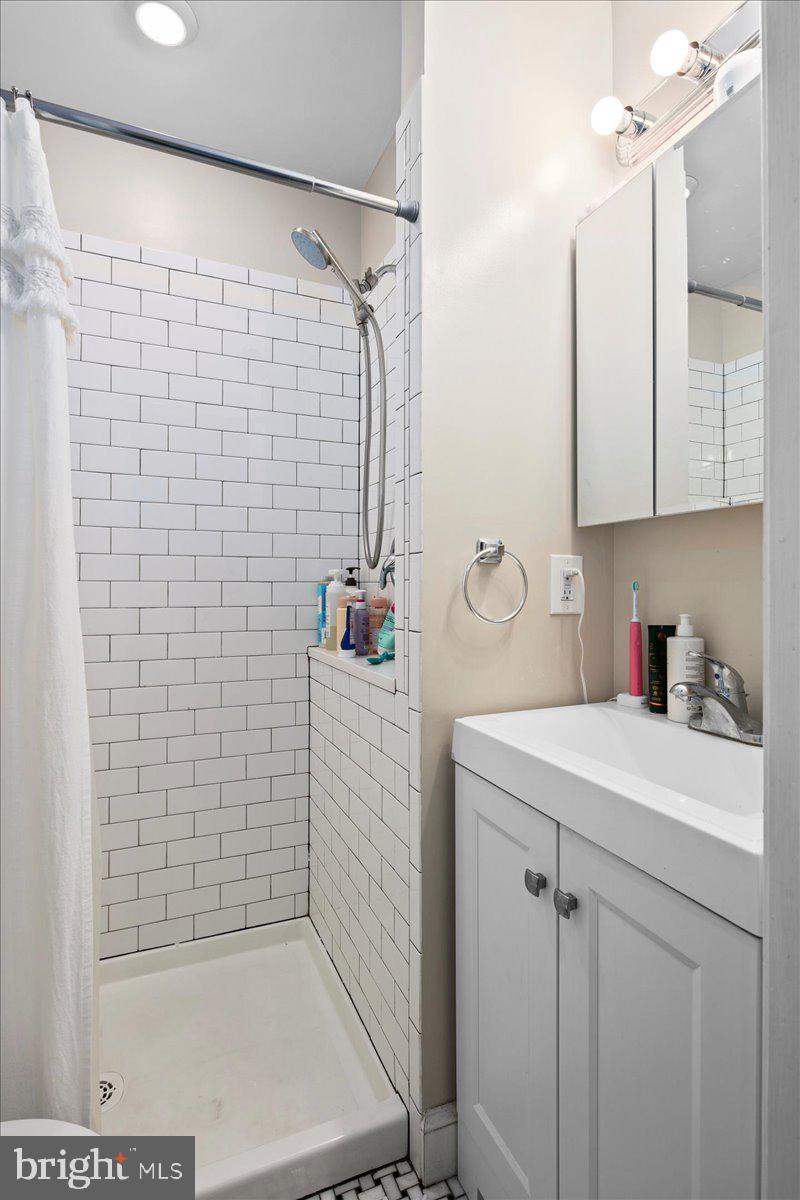 304 2nd Street Southeast Washington, DC 20003 - Photo 67 of 70 a bathroom with a shower a sink and a mirror