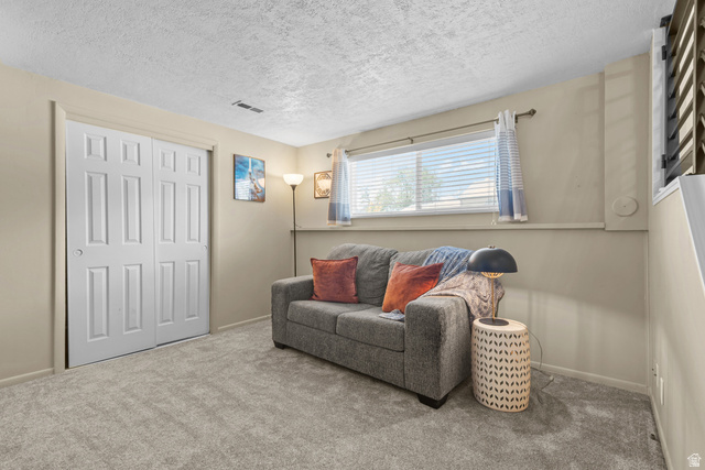 3951 Brixton Road Salt Lake City, UT 84129 - Photo 17 of 22 Carpeted room featuring a large window with horizontal blinds, neutral wall tones, and textured ceilings