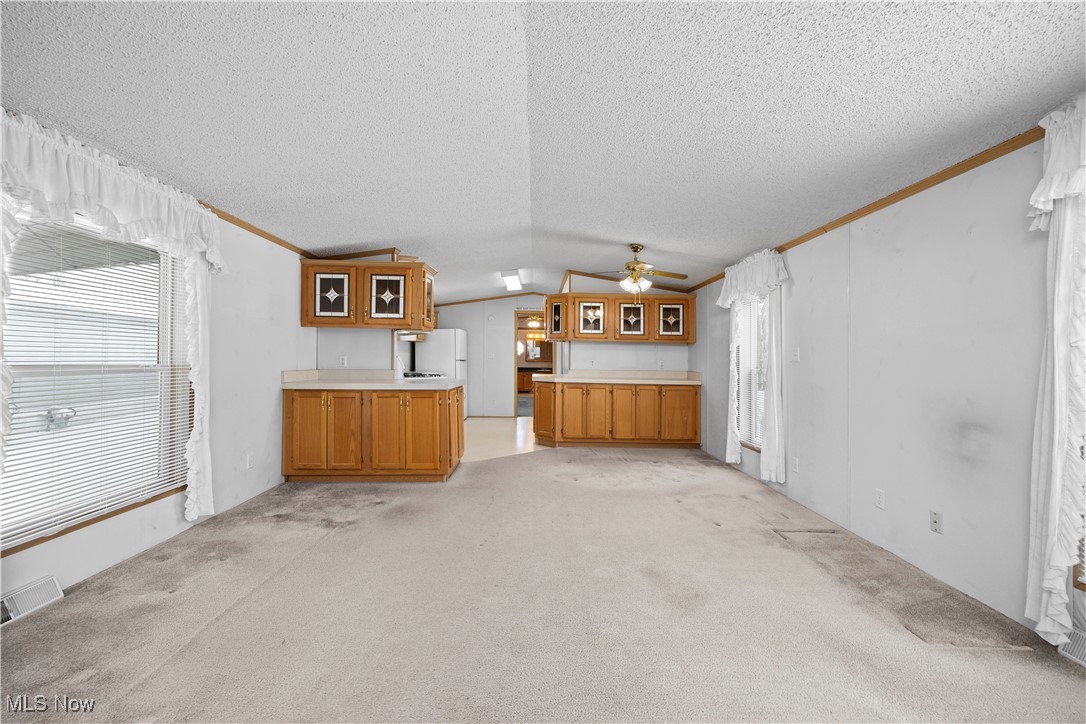 35157 Center Ridge Road, Unit 151 North Ridgeville, OH 44039 - Photo 16 of 29 Unfurnished living room featuring light colored carpet, healthy amount of natural light, ceiling fan, a textured ceiling, and vaulted ceiling