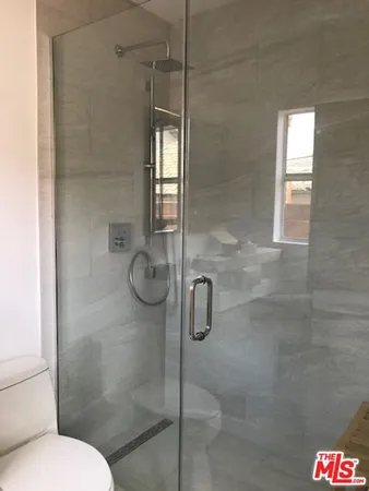a bathroom with a shower and toilet