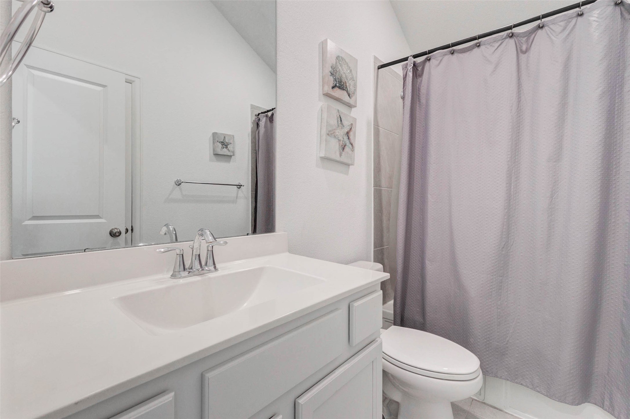 3711 Castle Rock Drive Rosenberg, TX 77469 - Photo 36 of 46 a bathroom with a sink a toilet a mirror and shower curtain