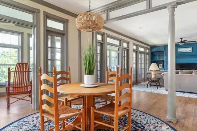 a view of a dining room with furniture