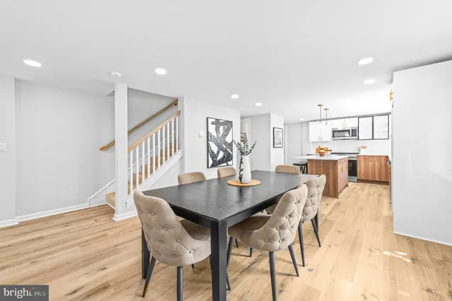 a view of a dining room with furniture