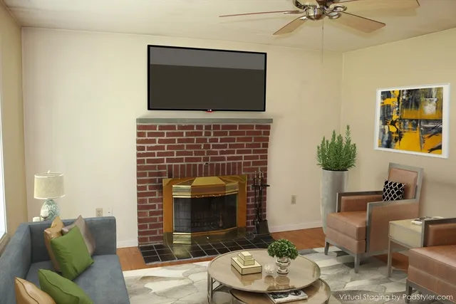 a view of empty room with window and chandelier fan
