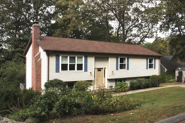 a front view of a house with yard and green space