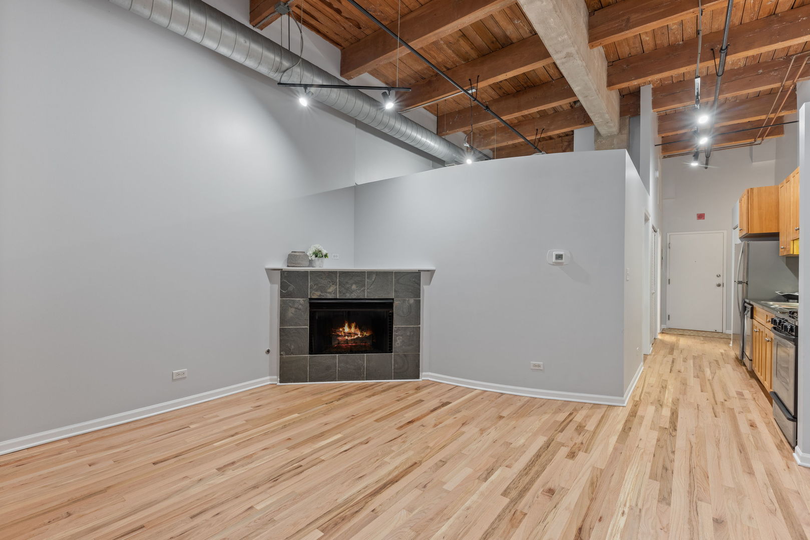 215 North Aberdeen Street, Unit 202B Chicago, IL 60607 - Photo 5 of 16 a view of empty room with wooden floor and fireplace