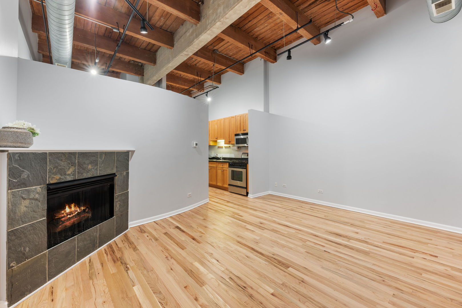 215 North Aberdeen Street, Unit 202B Chicago, IL 60607 - Photo 6 of 16 a view of empty room with wooden floor and fireplace