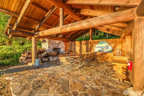 a view of a yard with plants and large trees