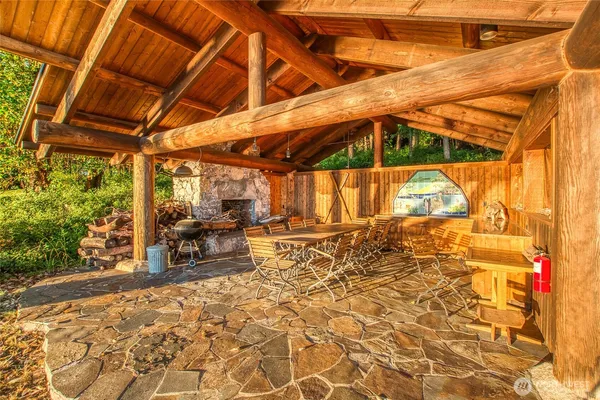 a view of a yard with plants and large trees