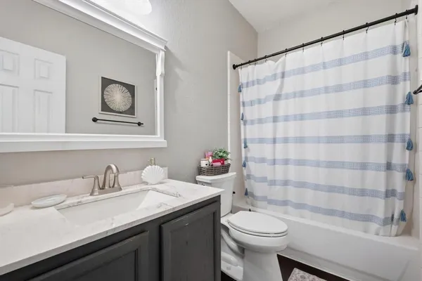 a bathroom with a sink a toilet and shower curtain