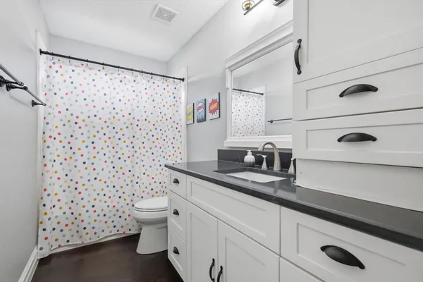 a bathroom with a sink a toilet and a shower
