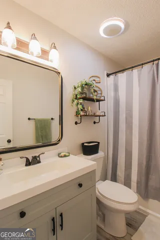 a bathroom with a sink a toilet and mirror