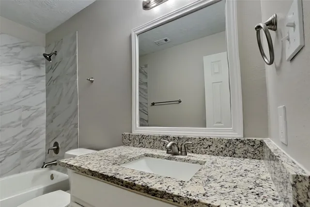 a bathroom with a granite countertop sink and a mirror a bathtub