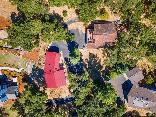 an aerial view of a house with a yard and a large tree