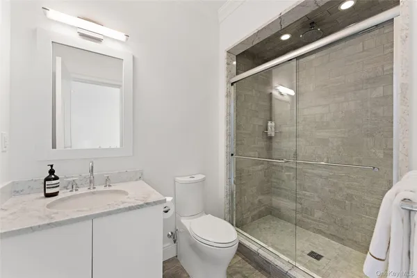 a bathroom with a granite countertop sink a toilet and shower