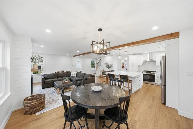 a view of a dining room with furniture