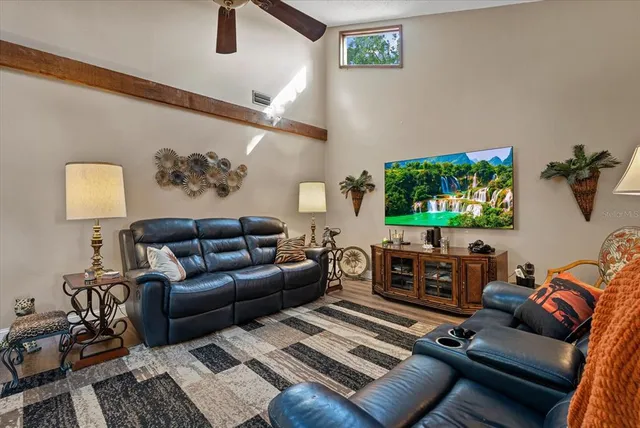 a living room with furniture a flat screen tv and a potted plant