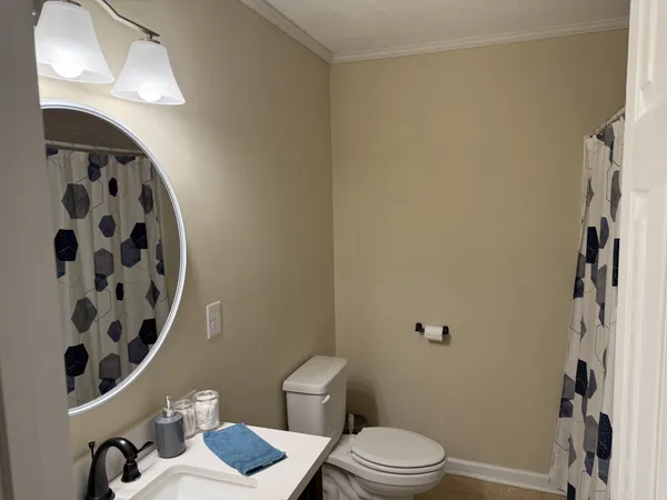 a bathroom with a toilet and a shower curtain