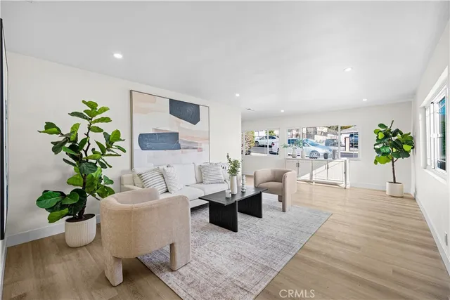a living room with furniture potted plant and wooden floor