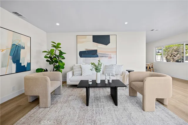 a living room with furniture and a potted plant