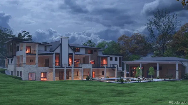 a view of a house with a big yard and large trees