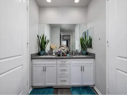 a kitchen with white cabinets and potted plant