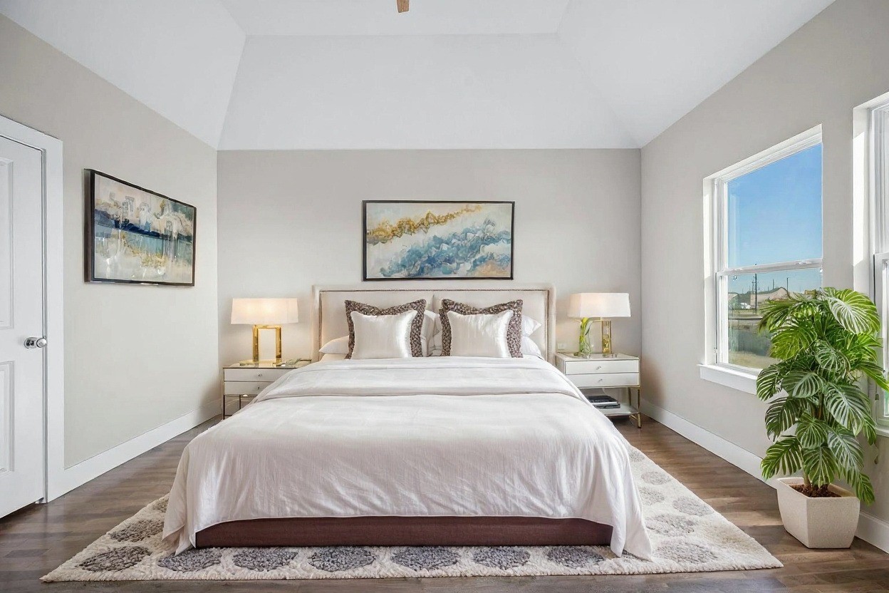 6702 Metro Boulevard, Unit 12 Houston, TX 77083 - Photo 17 of 48 a bedroom with bed and a potted plant