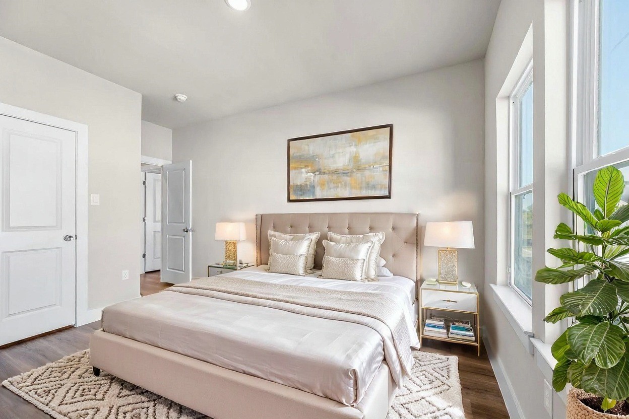 6702 Metro Boulevard, Unit 12 Houston, TX 77083 - Photo 26 of 48 a bedroom with a bed and a potted plant