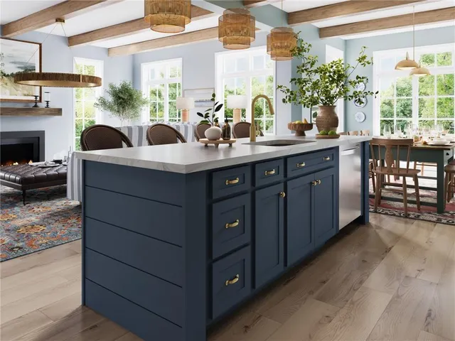 a kitchen with a sink cabinets and potted plant