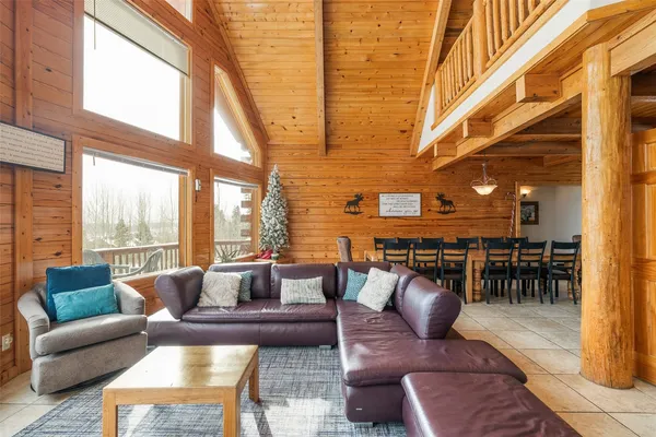 a living room with furniture a large window with outer view