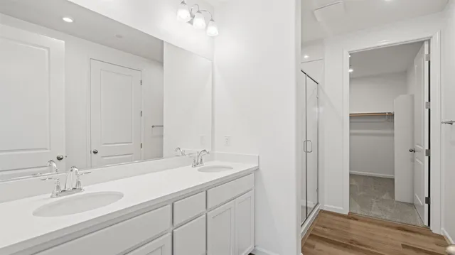 a bathroom with a double vanity sink mirror and shower