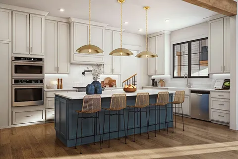 a kitchen with kitchen island granite countertop a sink cabinets and window