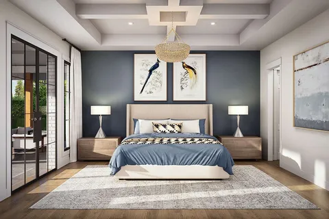 a bedroom with a large bed and a couch