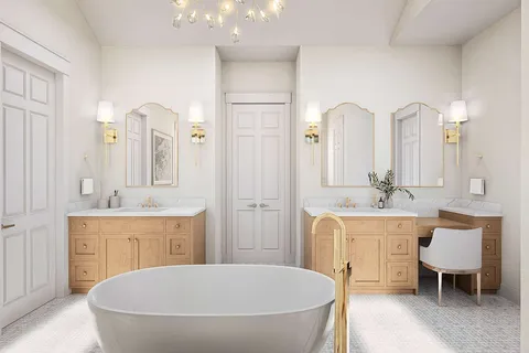 a bathroom with a tub a double vanity sink and a mirror