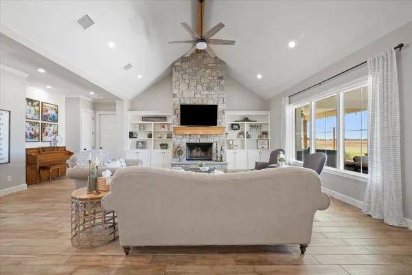 a view of a dining room with furniture