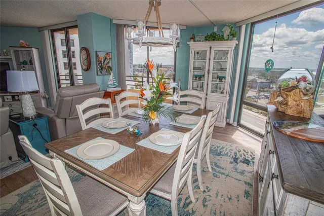 a view of a dining room with furniture window and outside view