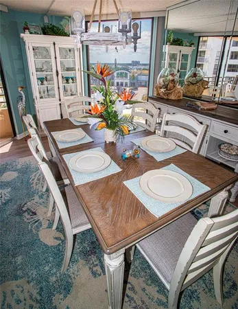 a view of a dining room with furniture