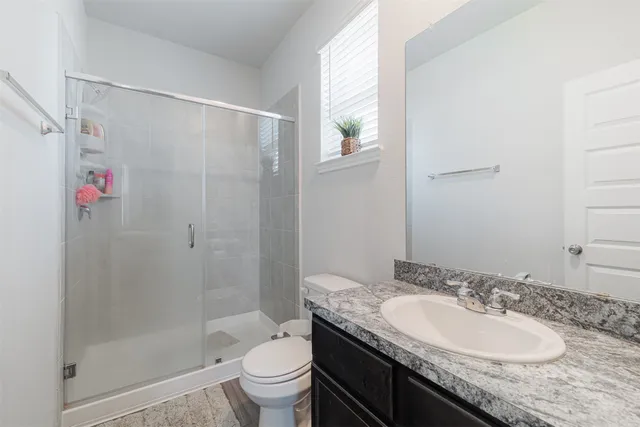a bathroom with a granite countertop sink a toilet and shower