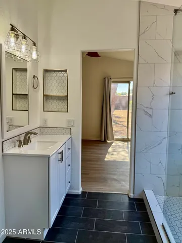 a street view with a building in the background