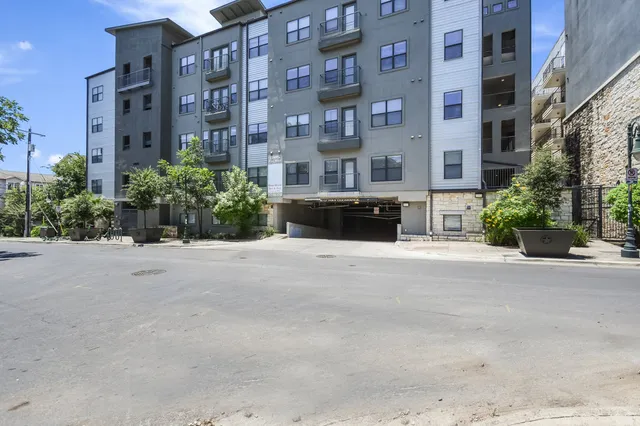 front view of a building with a street