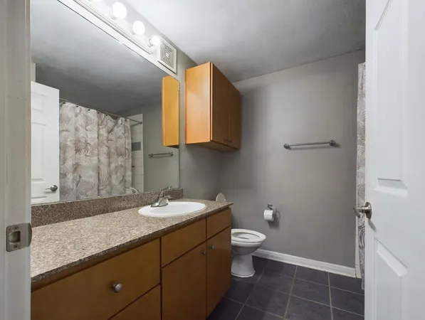 a bathroom with a granite countertop sink a toilet and a mirror