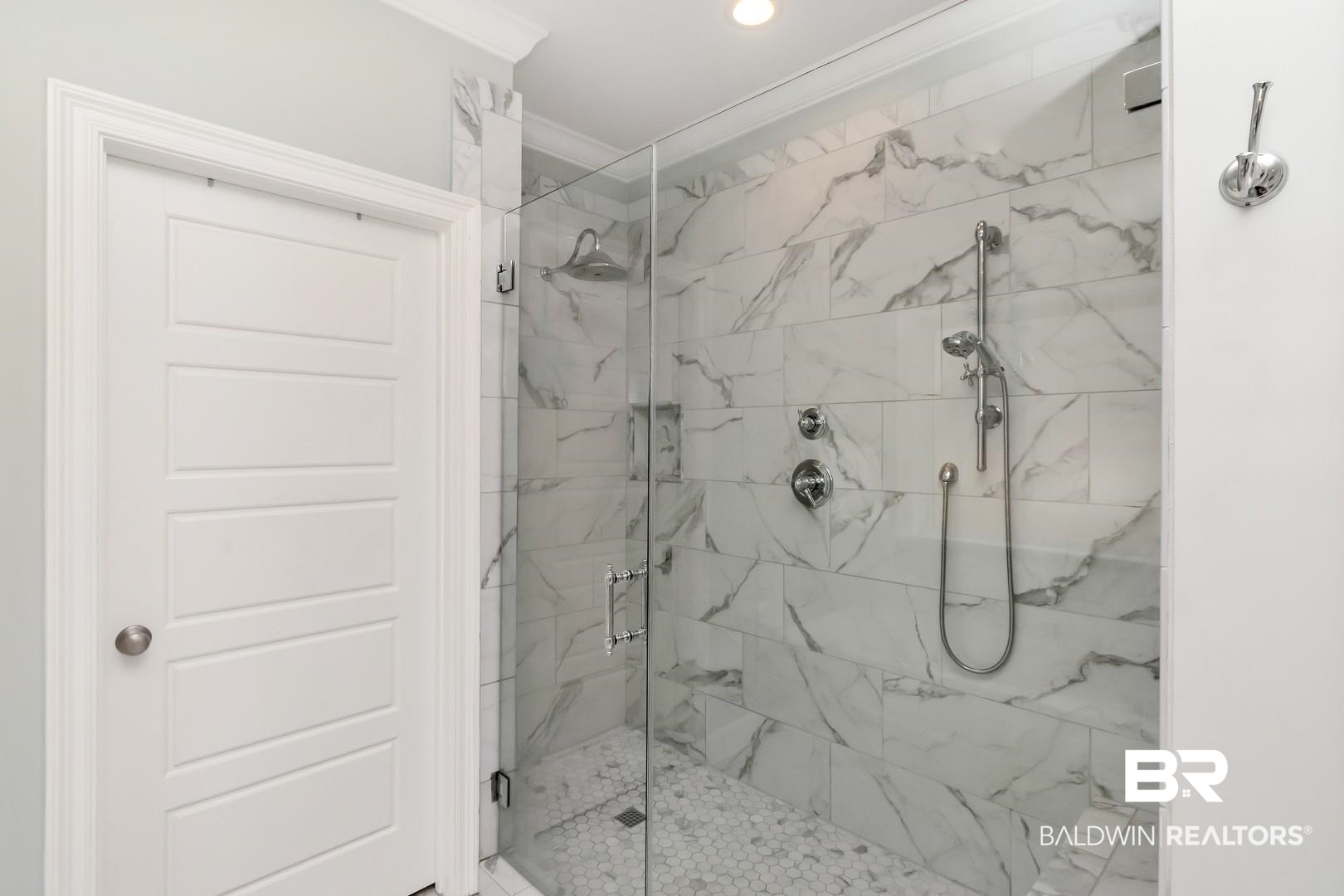 319 Springhill Woods Drive Mobile, AL 36608 - Photo 26 of 39 Bathroom featuring a marble finish shower, crown molding, and recessed lighting